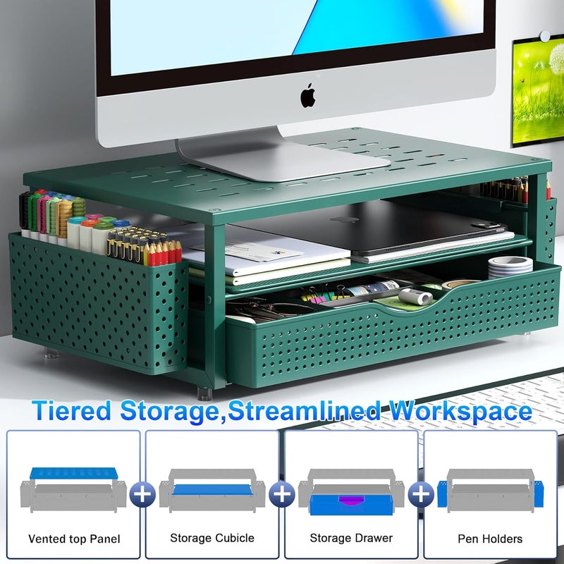 gianotter Desk Organizers and Accessories, Monitor Stand with Drawer and 2 Pen Holder, Desktop Organizer Suitable for Offices and Dormitories (Green) - Image 2